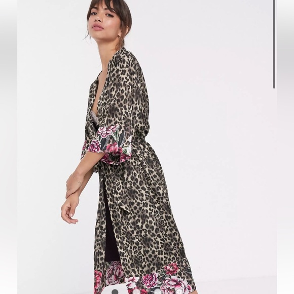 Dorina Dolores leopard print floral trim kimono robe Large Pink Brown No belt - Picture 1 of 12